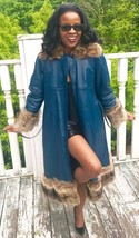 Vtg Designer Bonnie Cashin Sills Blue leather &amp; Raccoon fur trim Jacket Coat S-M - £556.96 GBP