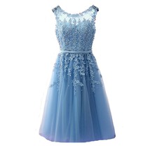 Kivary Sheer Bateau Tea Length Short Lace Prom Homecoming Dresses Sky Blue US 12 - £94.98 GBP