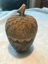 Vintage Hollywood Regency metal round apple filigree 2 pc  lid trinket box urn - $31.67