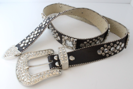 Western Womens Belt Brown Leather Square Rhinestone Conchos And Crystal ... - $46.74