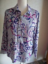 Chico&#39;s Lady&#39;s Blouse 1 Medium Long Sleeve Blue Gray Pink Navy Button Front - £15.25 GBP