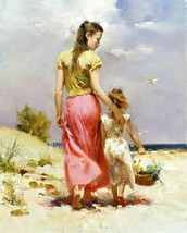 Art Oil Painting nice young mother with daughter little girl in landscape canvas - £59.76 GBP