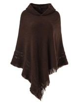 Ferand Pullover Poncho Sweater Fringe Crochet Top Coffee Colour With Hood - £14.36 GBP
