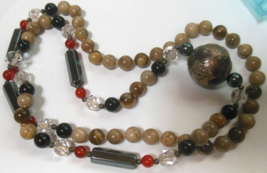 Vintage River Stone, Hematite, Carnelian, Black Onyx, Glass Bead Necklace 30&quot; - £34.36 GBP