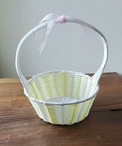 Vintage White Woven Plastic Vinyl Easter Basket w/ Pink Ribbon - £11.64 GBP