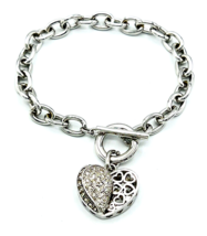 Silver Tone Pave Crystal Heart Charm Bracelet 8.5 in - £14.32 GBP