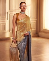 Golden Silky Chinon Silk Saree Heavy Sequins Work || Dual Shaded Concept Work Pa - £59.77 GBP