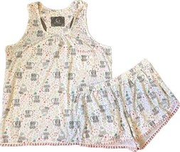 PJ Couture Pajamas Set Womens Size Small White Pink Cat Print Tank &amp; Shorts PJs - £23.74 GBP
