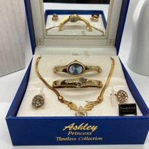 Ashley Princess Box Set Earring Necklace Bracelet Watch Gold Tone Rhinestone - £23.67 GBP