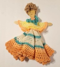 Vintage Handmade Wooden Spoon 17&quot; Doll Crochet Dress Primitive Peach Aqua Yellow - £23.69 GBP