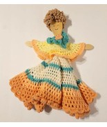 Vintage Handmade Wooden Spoon 17&quot; Doll Crochet Dress Primitive Peach Aqu... - £23.58 GBP