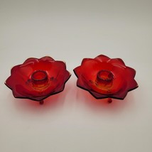 2 Vintage Fenton Ruby Red &amp; Amberina Lotus Candlestick Holders Cadmium Glow - £15.50 GBP