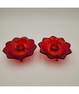 2 Vintage Fenton Ruby Red &amp; Amberina Lotus Candlestick Holders Cadmium Glow - £15.57 GBP