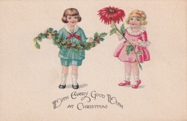With Every Good Wish At Christmas Postcard Boy Girl Garland N20 - £2.33 GBP