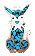 Turquoise and 925 Sterling Silver Cat Brooch Marked Mexico TM-183 - $44.00