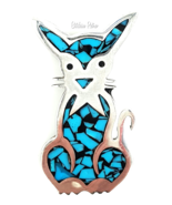 Turquoise and 925 Sterling Silver Cat Brooch Marked Mexico TM-183 - £35.28 GBP