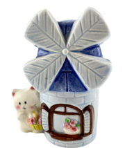 Kitty Cat Windmill Coin Bank Porcelain ST 34-4 Blue and White - $19.79