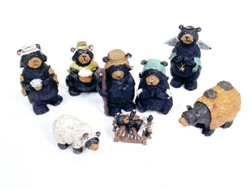 Set -8 Kurt Adler Black Bear Christmas Nativity Resin Figurines Missing Wise Man - $26.45