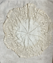 Vintage Hand Crocheted Doilie 27x26 Round White Ivory Star Design Center... - $15.22