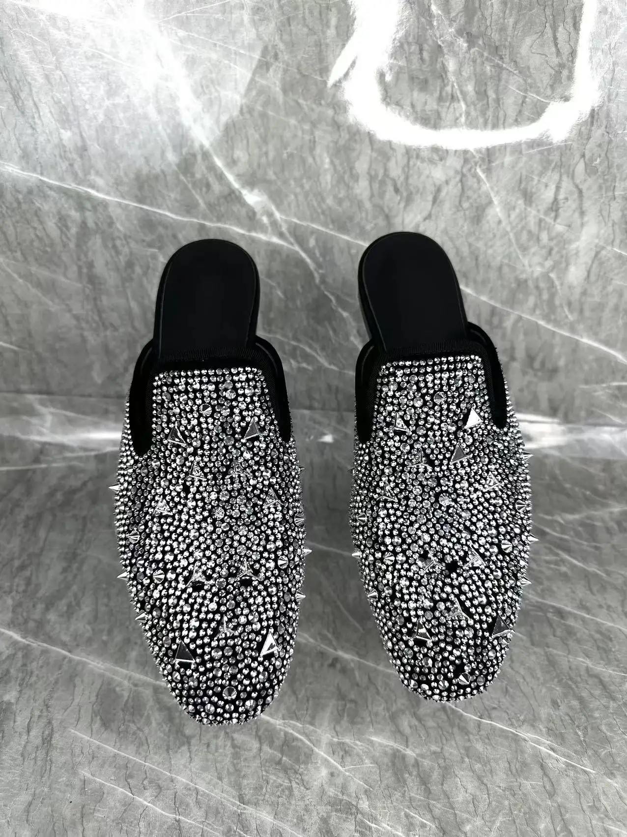 Silver Rhinestone Half Toe Muller Men&#39;s Shoe Big Brand Fashion Show Leat... - $163.13