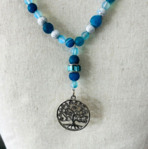 Tree Of Life Blue Apatite Mermaid Bead Necklace Silvertone Frosted Handmade - £31.89 GBP
