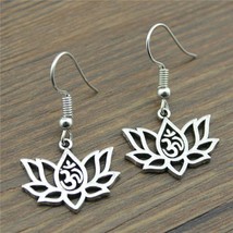 Lotus Ohm Earrings 1.25&quot; Yoga Meditation Drop Dangle Stainless Steel Ear Wires - £6.37 GBP