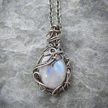 Lover&#39;s Stone-Bohemian Vintage Necklace Pendant-Leaf Rattan Wrapped Moon... - £23.11 GBP