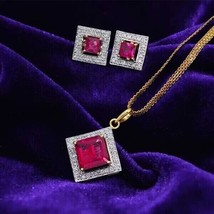 Red Ruby 3Ct Lab Created Princess Cut Wedding Jewelry Set 14K Yellow Gold Plated - £234.31 GBP