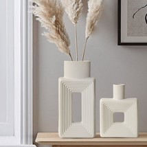 Square Vases In A Set Of 2 White Ceramic Vases For Living Room, Shelves, Tables, - $41.97