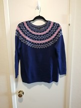 Talbots Petite Women&#39;s Fair Isle Soft Sweater Sz Petite Large Navy Blue Pink  - £19.72 GBP