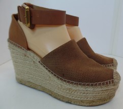 Marc Fisher Brown Perforated Suede &amp; Jute Wedge Heel Espadrilles Ankle C... - £19.55 GBP