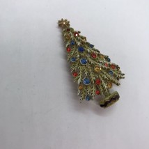 Vintage ART Christmas Tree Brooch Enamel Rhinestone Pin Holiday jewelry - £15.81 GBP