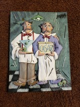 Wall Plaque Tile Art Joanna Whimsical Waiters Holding Martinis and Cigars - £9.52 GBP