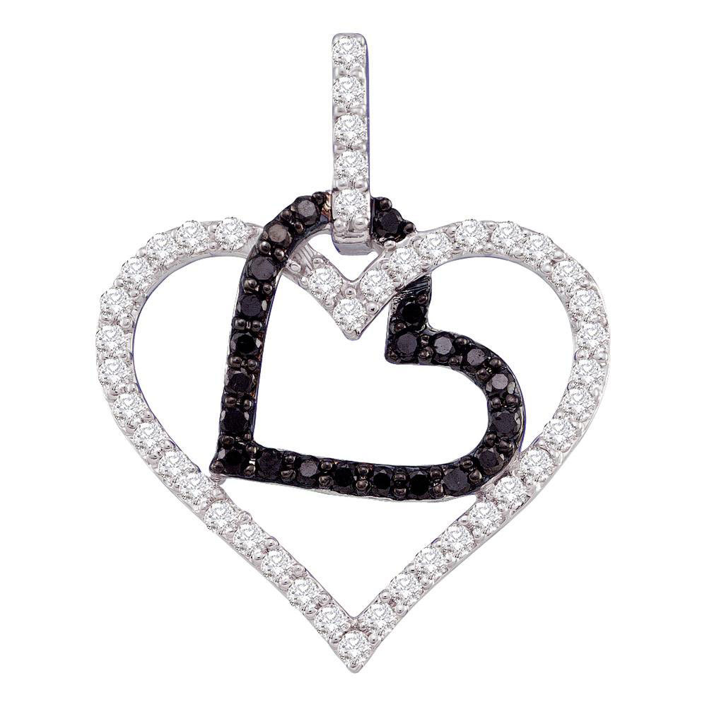 10k White Gold Womens Round Black Color Enhanced Diamond Double Heart Pendant - £343.10 GBP