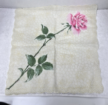 Vintage Hankie Pink Rose Floral Flower Soft Yellow Background Scalloped ... - $9.41