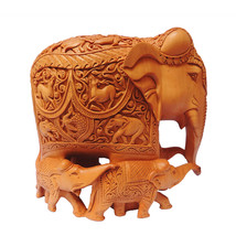 Wooden Elephant Hand Carved Family Elephant Statue Mom with Baby Elephant  25 Cm - £160.85 GBP