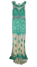 Rhinestone Transparent Sheer Green &amp; Nude Mesh Gown Dress Small S - £57.56 GBP