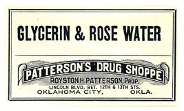 1 Vintage Pharmacy Label GLYCERIN &amp; ROSE WATER Patterson&#39;s Drug Shoppe O... - £18.07 GBP