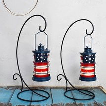 Rustic Metal Lantern Candle Holder Set of 2 with American Flag Pattern Vintage F - £47.07 GBP