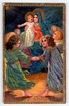 Christmas Postcard Mother Mary Baby Jesus Children Gold Trim Gel Ser 7055 German - $26.78