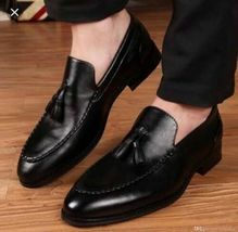 Men&#39;s Handmade Black Color Tassel Slip Ons Loafer Genuine Leather Handmade Shoes - £127.88 GBP