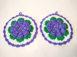 2 Lg Handmade Crotchet 10 in Potholder Trivet Hot Pads 3D Raised Purple Flowers  - £11.86 GBP