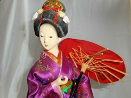 Geisha Girl Doll Stand Wagasa Hand Painted Face Purple Satin Gown Crown ... - £24.70 GBP