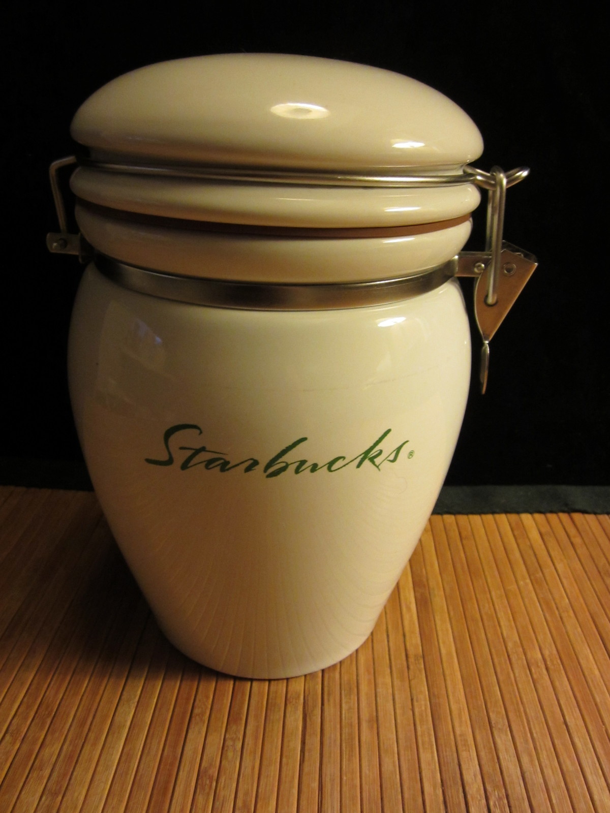 Primary image for Starbucks Coffee Cookies Snacks Biscotti Canister Jar Green Cursive Logo 7" Tall