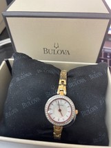 BULOVA Women&#39;s 98L212 Silver &amp; Rose Gold Crystal Mini Watch Mother of Pearl Dial - £91.90 GBP