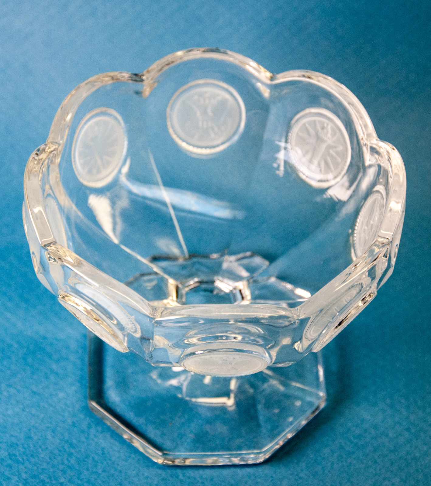 Fostoria Clear Coin Glass Open Jam Jelly Pedestal Bowl Frosted Eagle Torch Item image 3