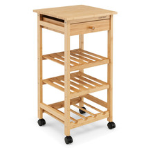 Costway Bamboo Rolling Kitchen Island Utility Trolley Cart W/Drawer &amp; Wine Rack - £90.46 GBP