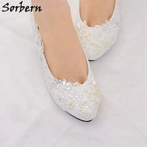 Wedding Shoes Bride Pearls Beaded White Heels Lace Appliques Bridal Shoes Slip O - £55.59 GBP