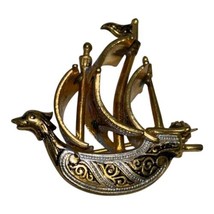 Vintage Brass Brooch SPAIN Spanish Galleon Ship Gold/Silver Tone Lapel P... - $22.44