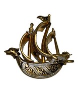 Vintage Brass Brooch SPAIN Spanish Galleon Ship Gold/Silver Tone Lapel P... - $30.78 CAD